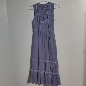 Greylin Blue Pleated Tie Front Bodice Maxi Dress Gauzy Tiered Side Zipper Sz XS